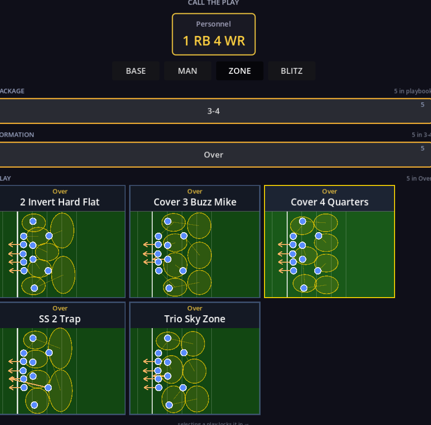 Play-call panel (three-level Package → Formation → Play)